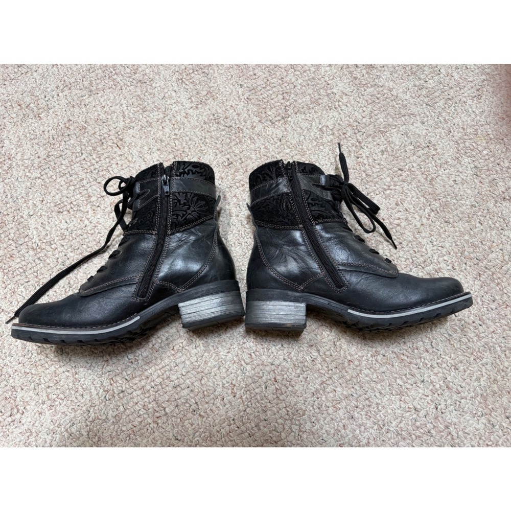 Dromedaris Women Black Leather Floral leather Lace Up Zip Combat Boots Size 39 - Picture 4 of 9